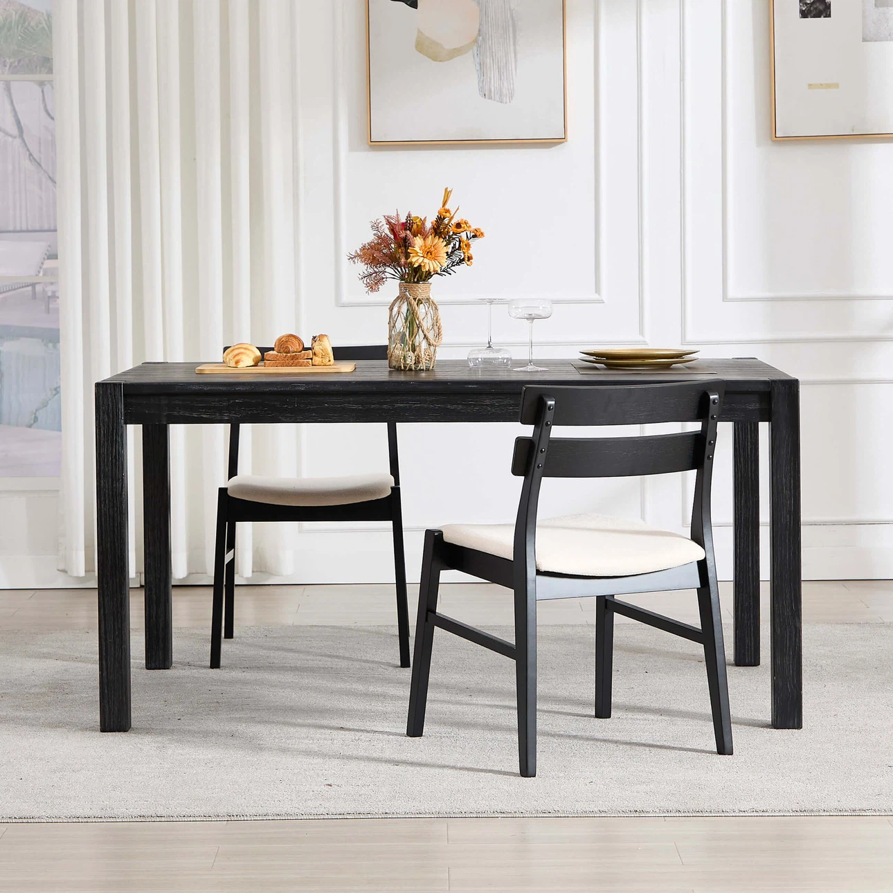 Black Dining Chairs with Cream Padded Seat