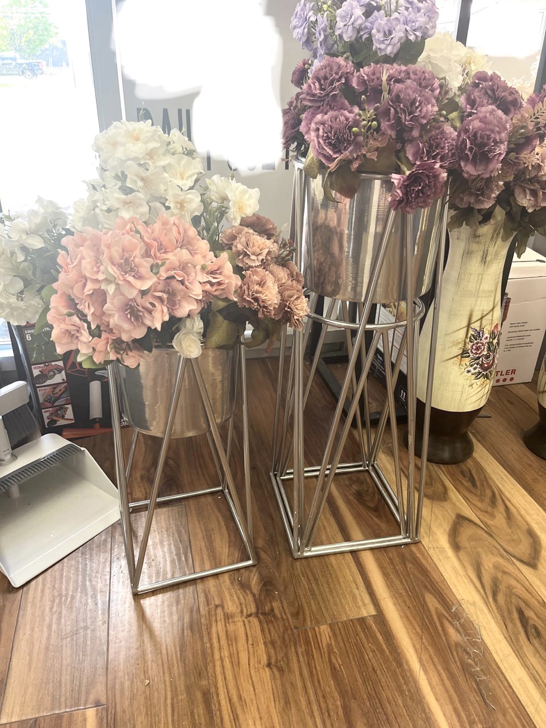 Silver Metal Planter Stands with Geometric Base - Set of 2