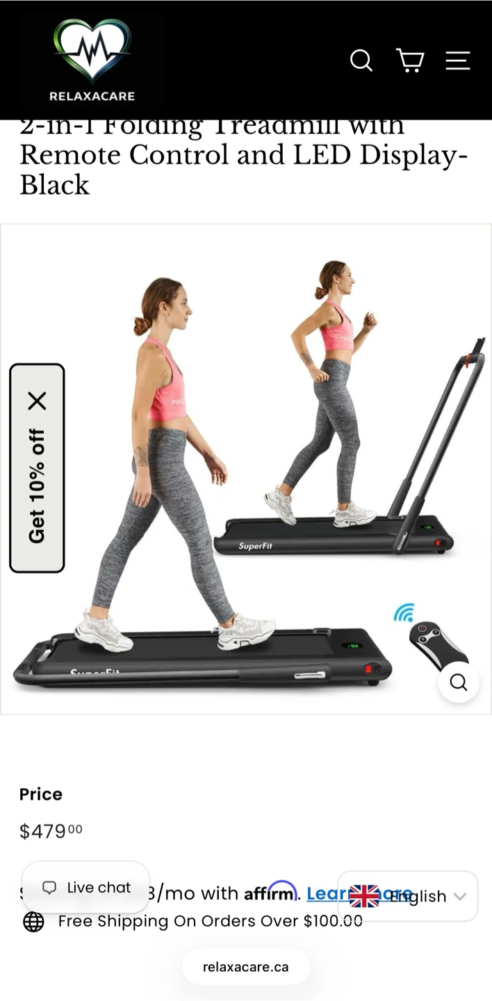 Black SuperFit Folding Treadmill with Remote Control