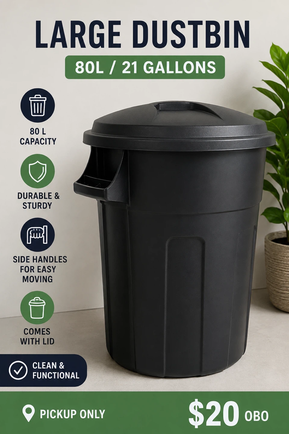 Large Black Dustbin - 80L / 21 Gallons