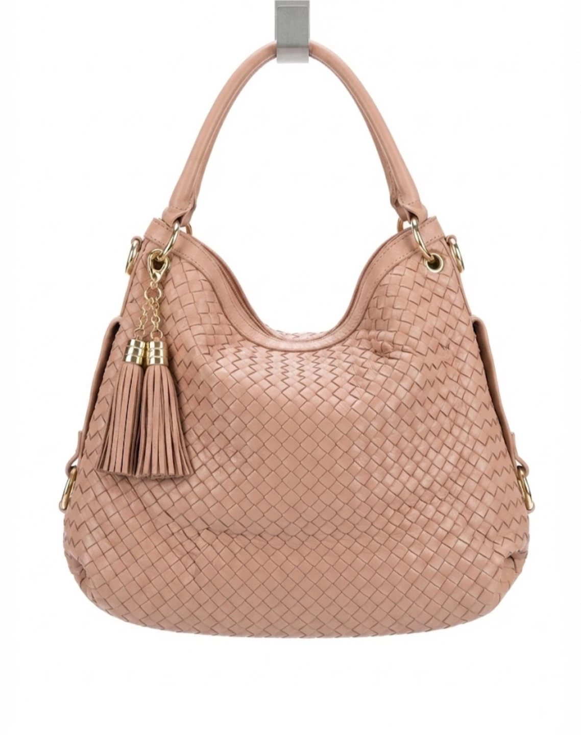 Beige Woven Leather Shoulder Bag with Tassels
