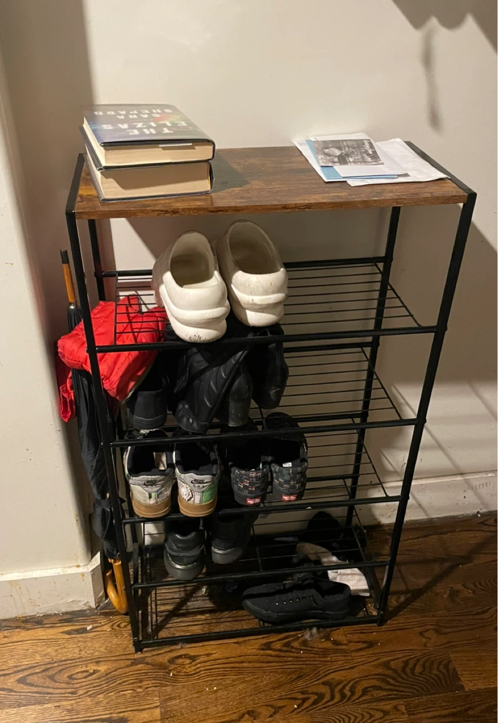 5-Tier Metal Shoe Rack with Wood Top Shelf