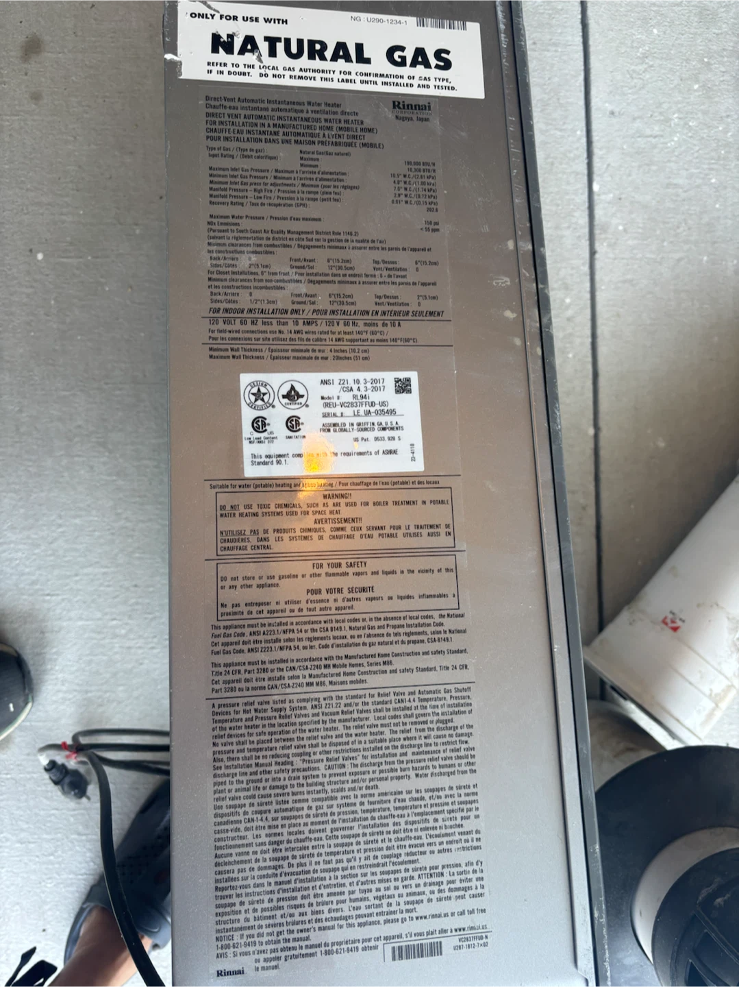 Rinnai Natural Gas Tankless Water Heater - photo 3
