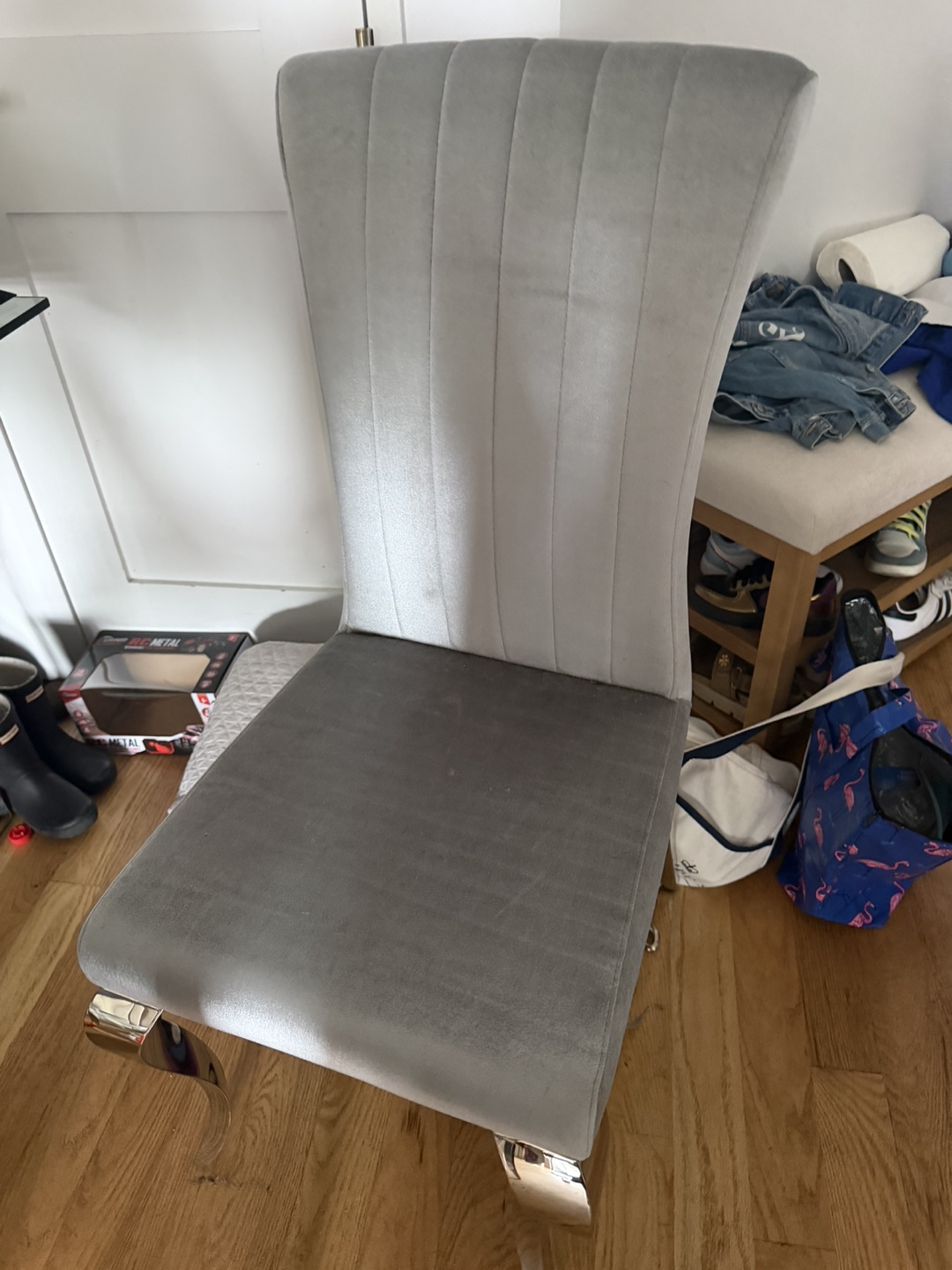 FOUR Gray Velvet Dining Chairs with Chrome Legs - photo 4