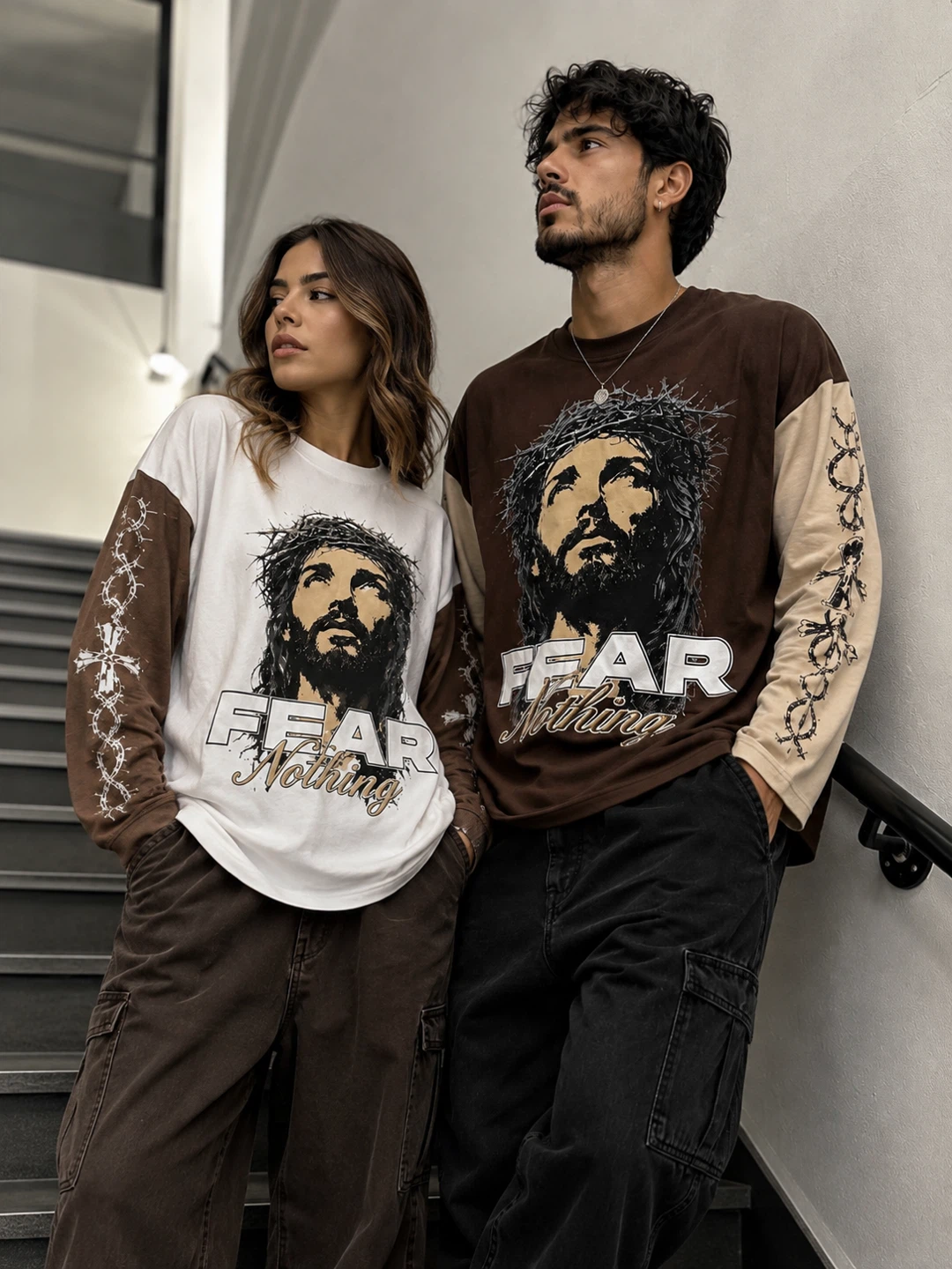 BERARE "Fear Nothing" Jesus Graphic Long Sleeve Shirt