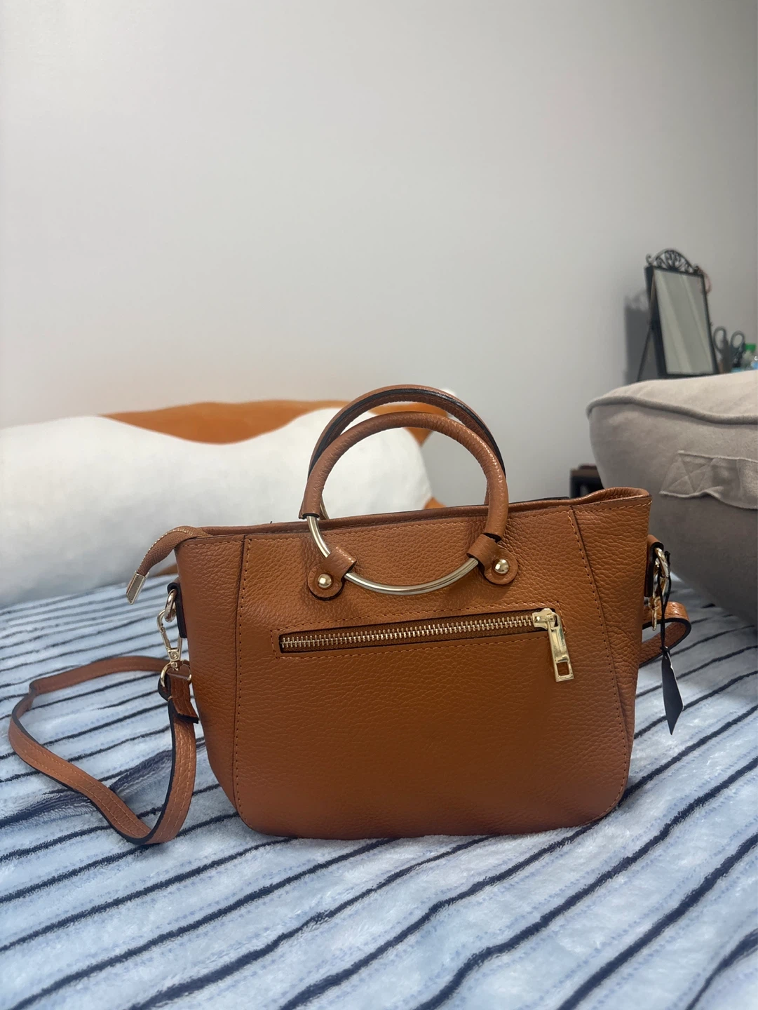 Brown Faux Leather Top Handle Bag with Shoulder Strap