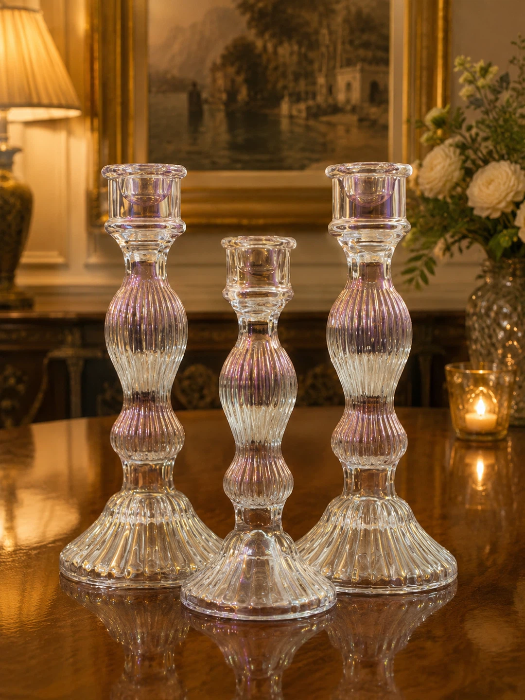 Set of 3 Glass Candlesticks