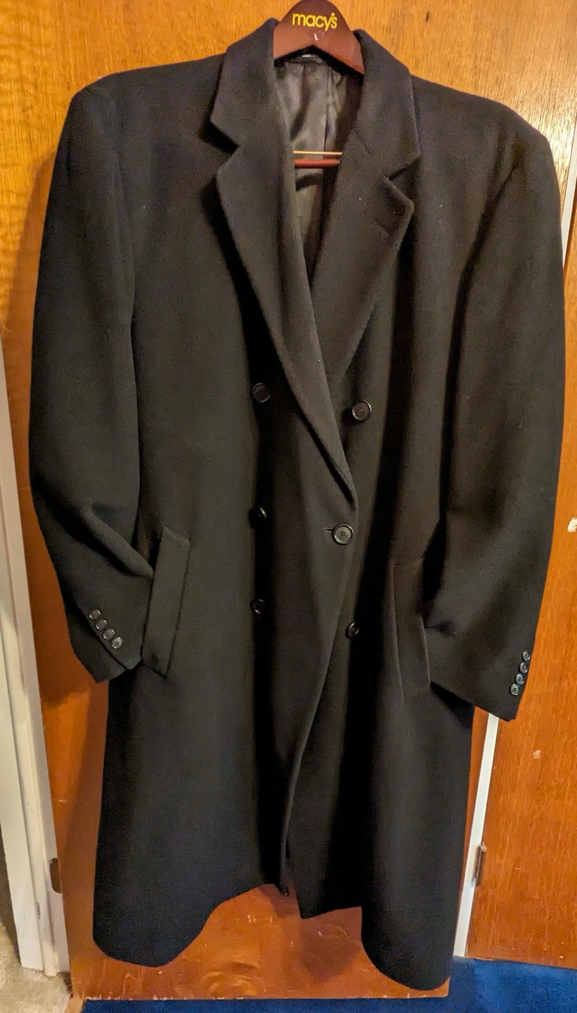 Men's black London Fog long overcoat.