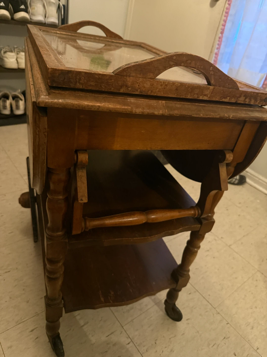 Wooden Serving Cart with Glass Top