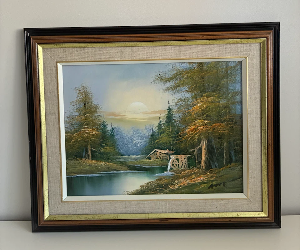 Framed Landscape Oil Painting with Water Wheel