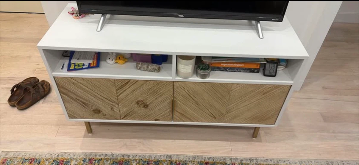 White TV Stand with Wood Accent Doors