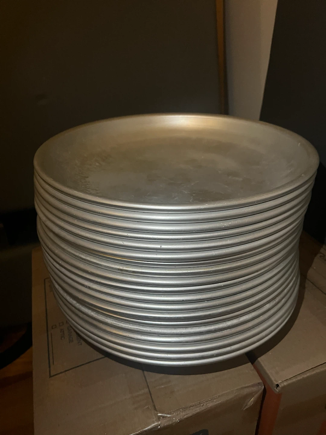 Stack of 19 Aluminum Pizza Pans/Platters