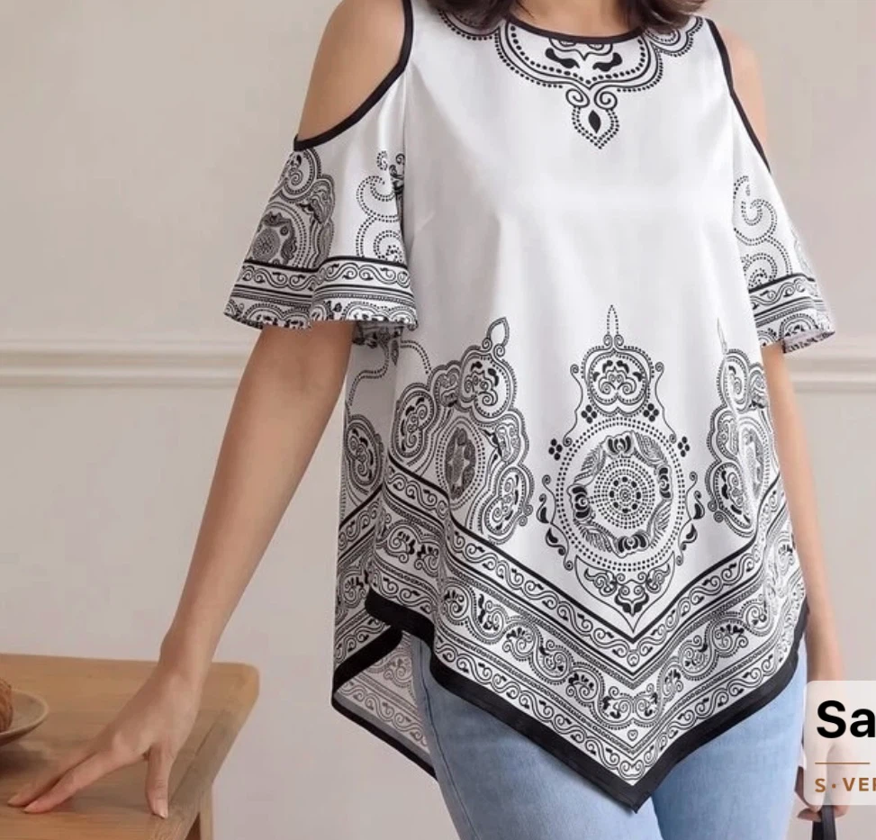 SHEIN Cold Shoulder Black & White Print Tunic Top