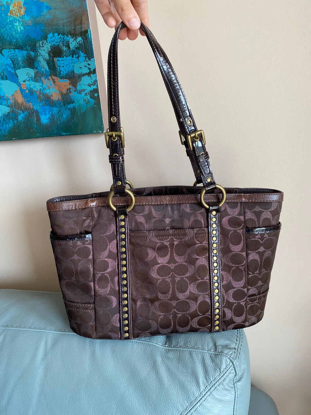 COACH Gallery Signature Tote Bag in Brown with Studded Accents - photo 2