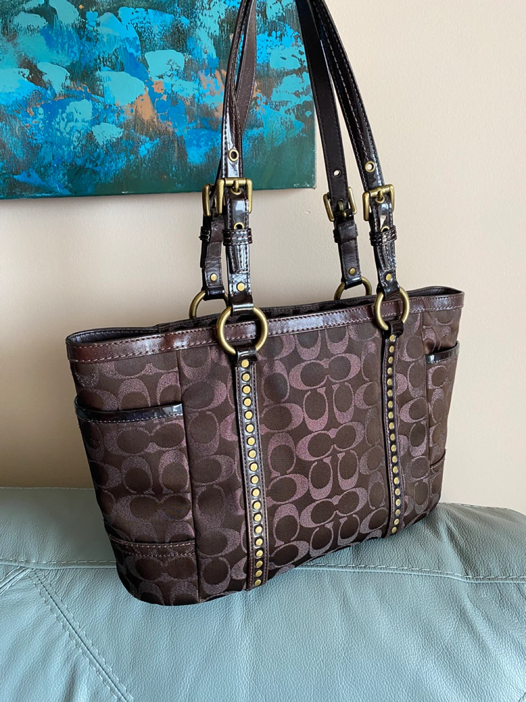 COACH Gallery Signature Tote Bag in Brown with Studded Accents