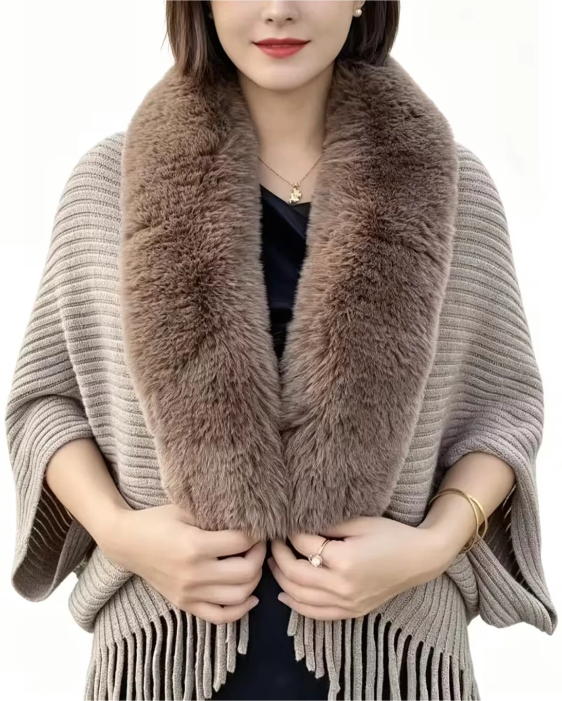 Women's Brown Knit Poncho with Faux Fur Collar