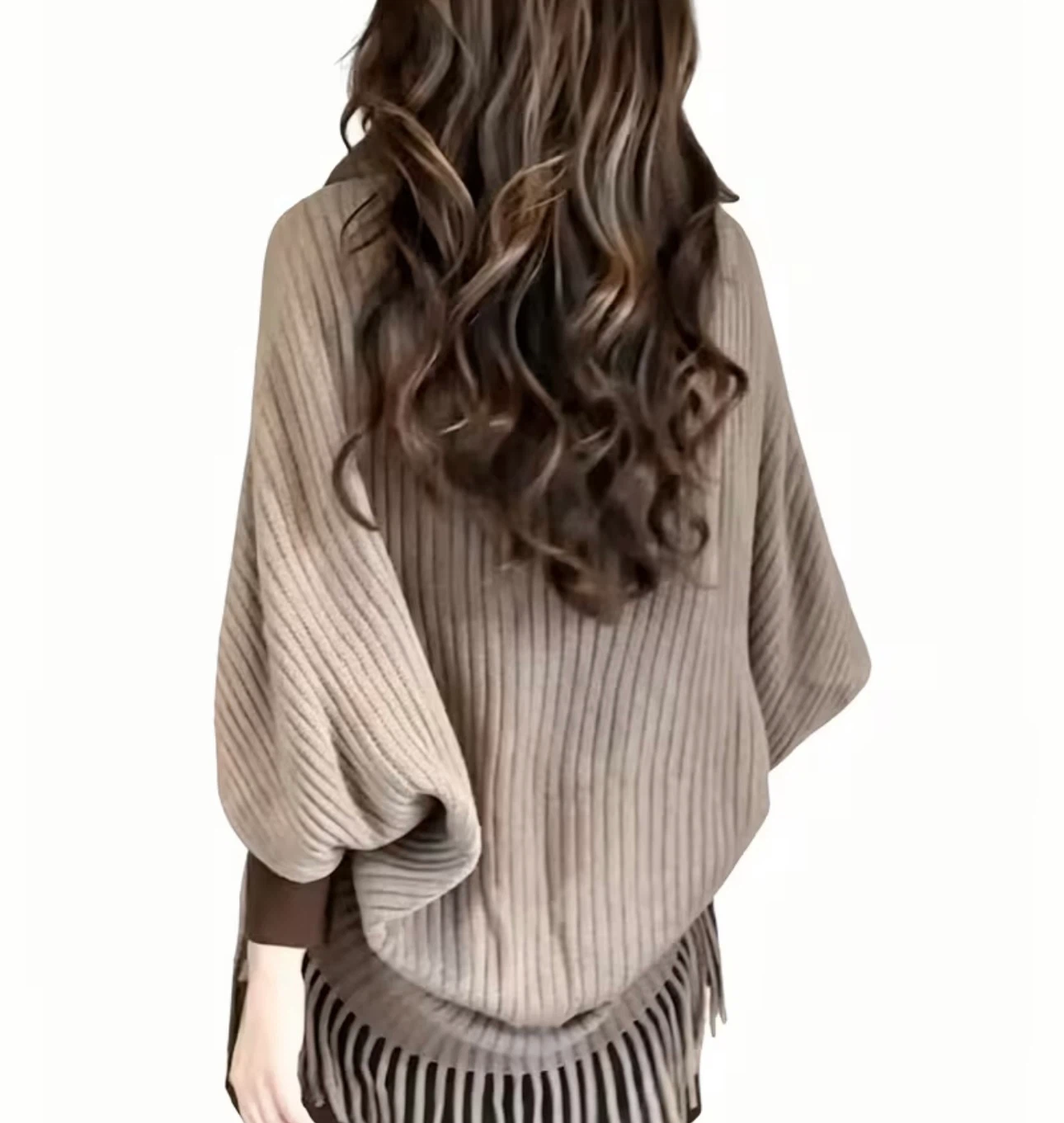 Women's Brown Knit Poncho with Faux Fur Collar - photo 2