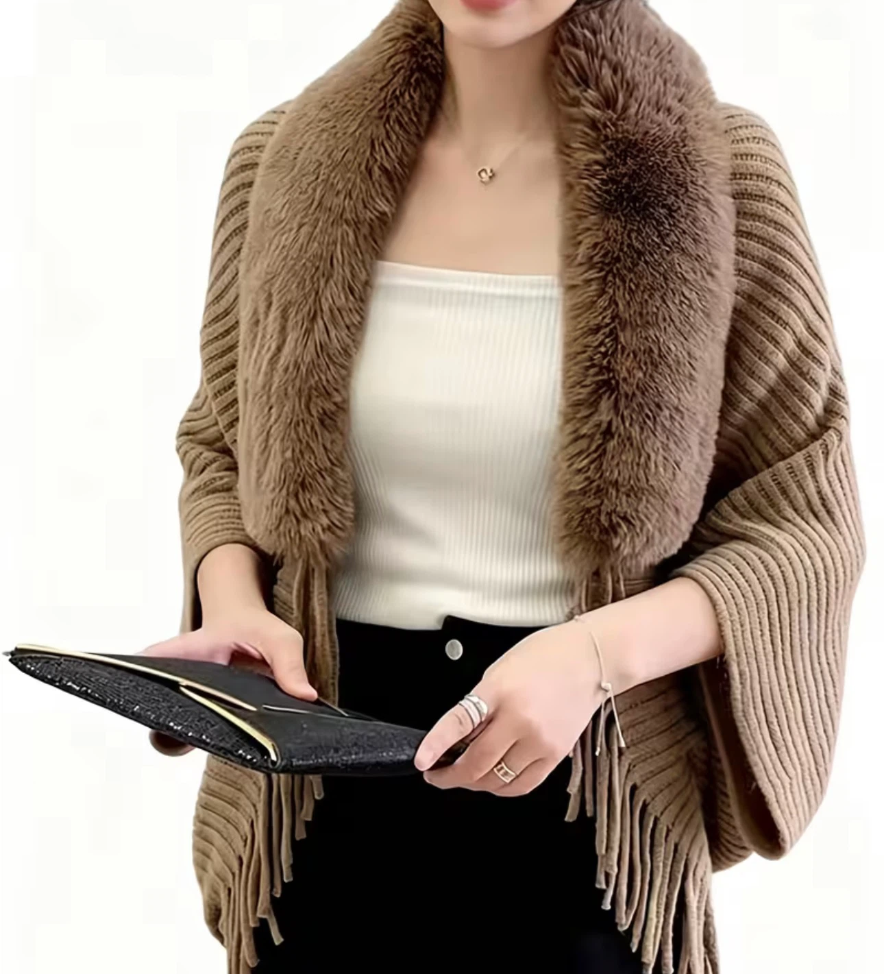 Women's Brown Knit Poncho with Faux Fur Collar - photo 3