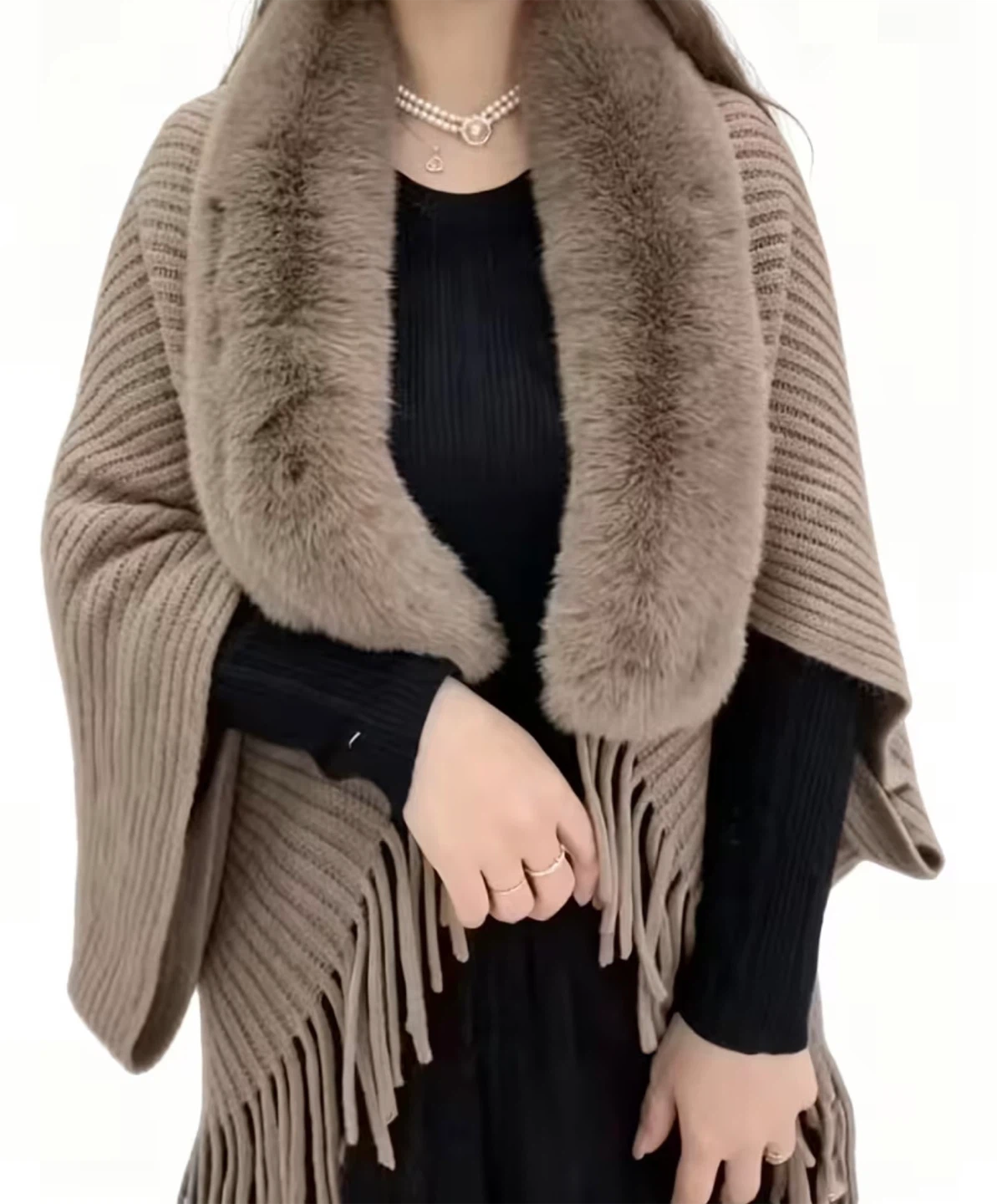 Women's Brown Knit Poncho with Faux Fur Collar - photo 4
