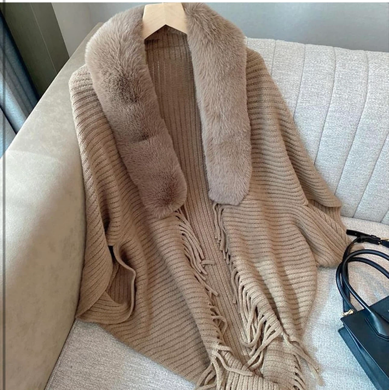 Women's Brown Knit Poncho with Faux Fur Collar - photo 5