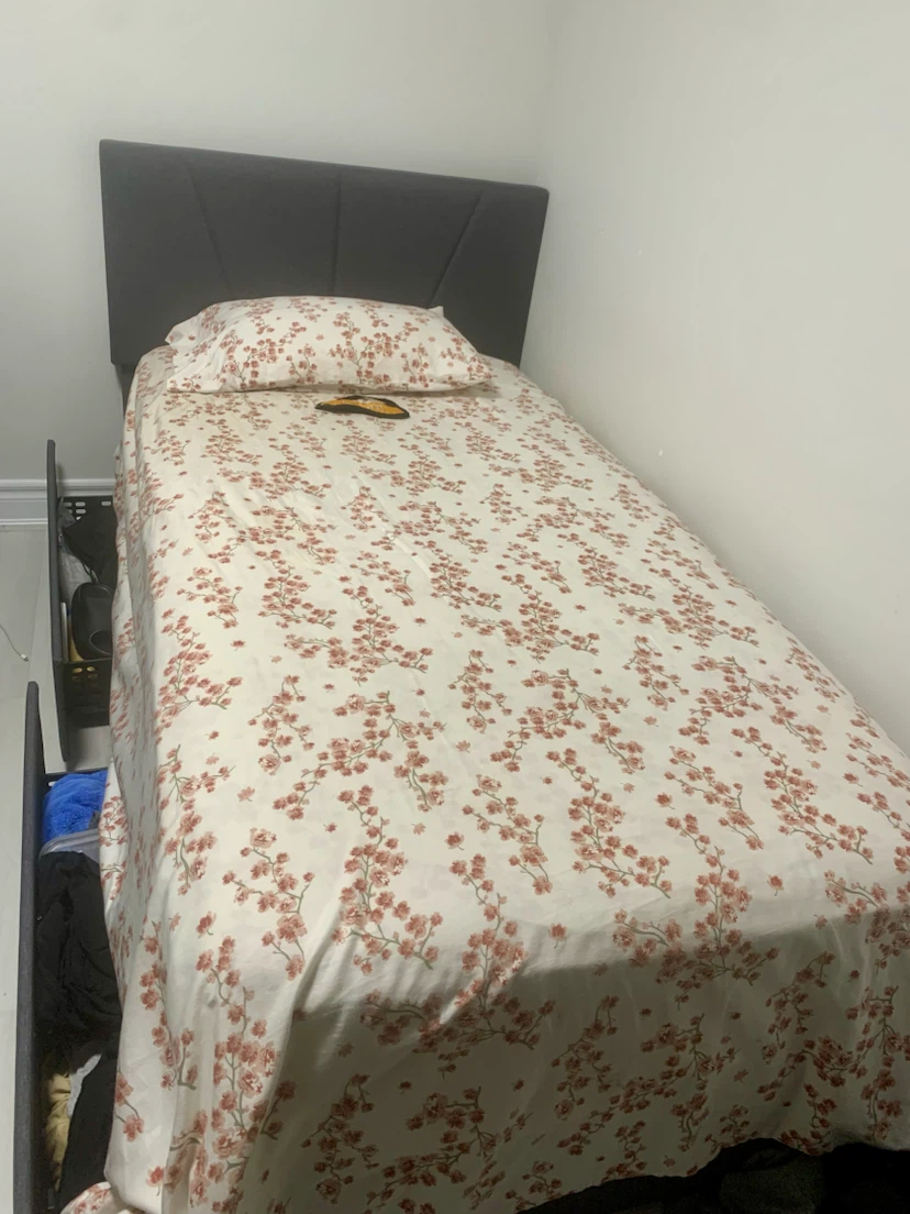 Grey Upholstered Twin Bed Frame with Mattress