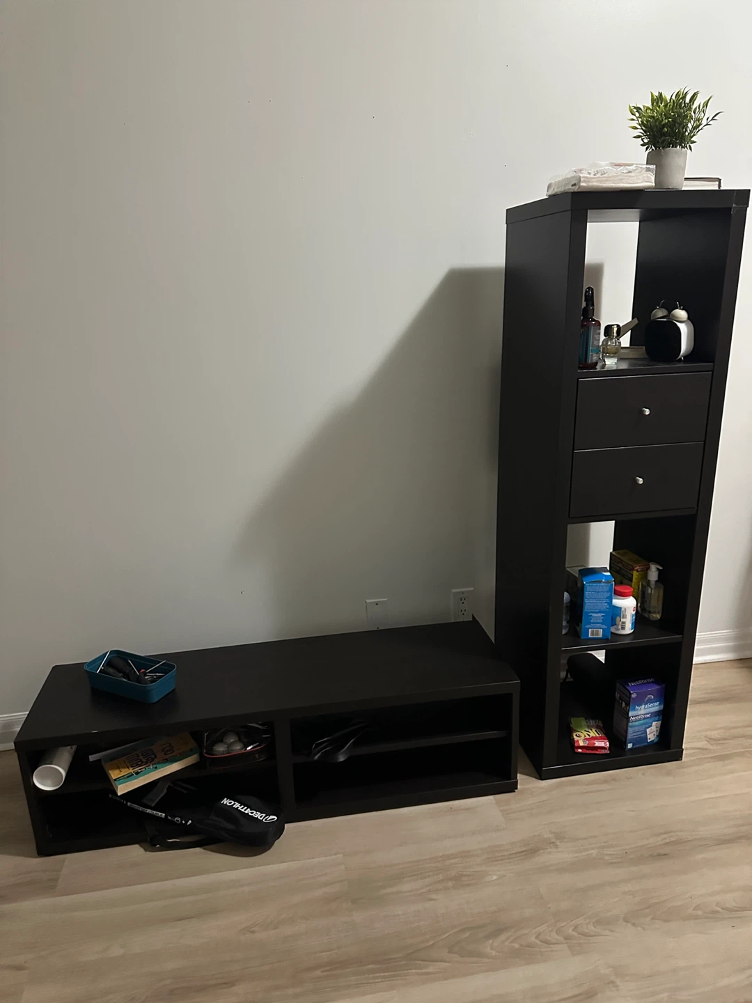 Black Storage Shelf Unit and Bench