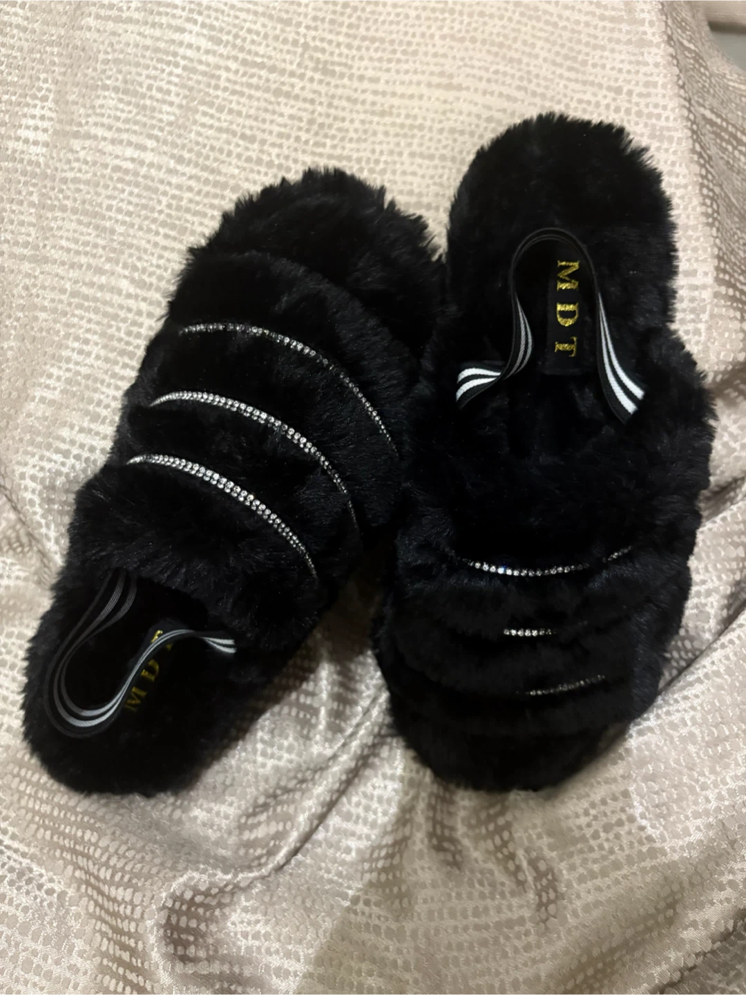 MDT Black Faux Fur Slides with Rhinestones