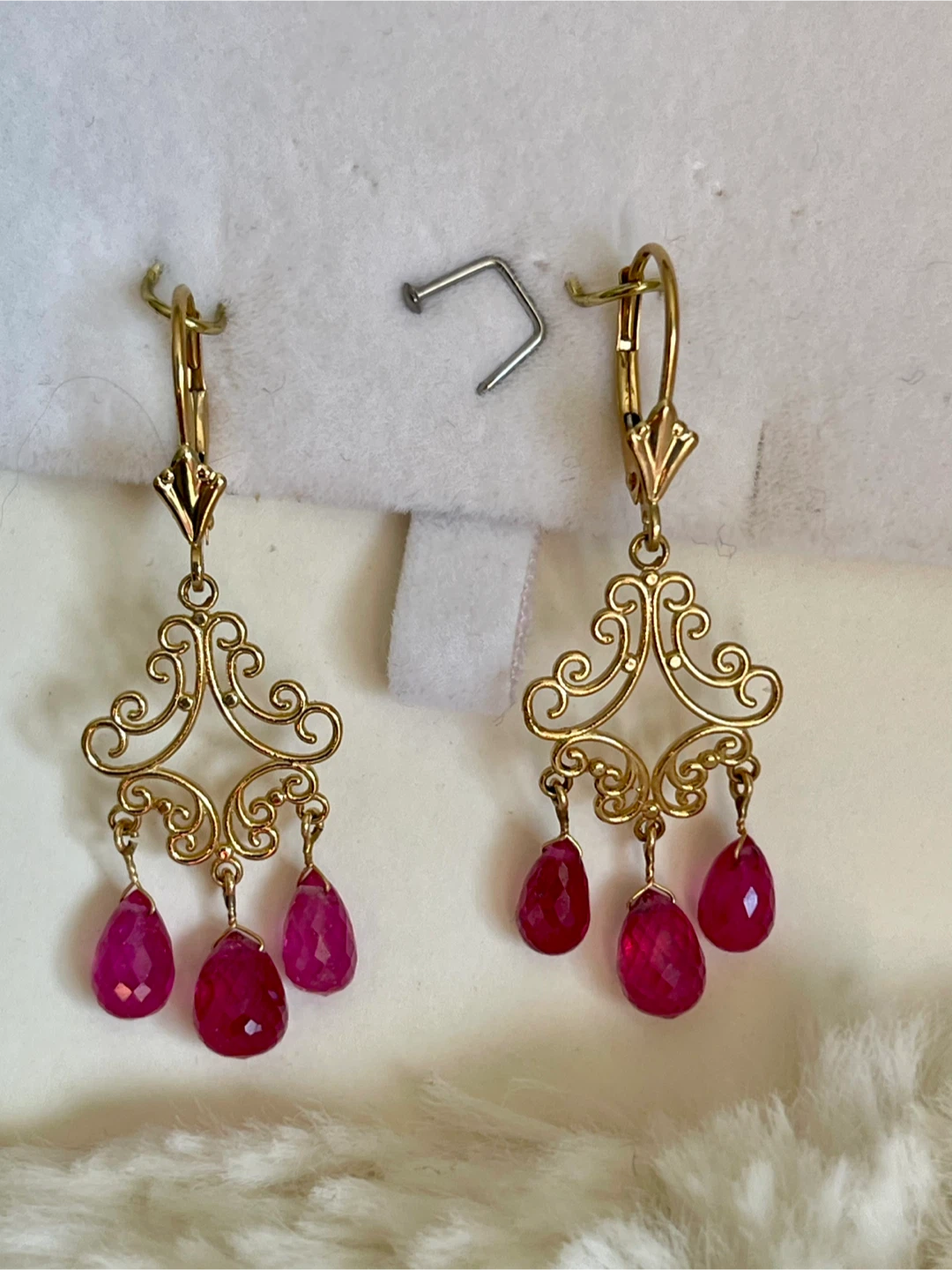 14k yellow gold ruby briollete dangling earrings