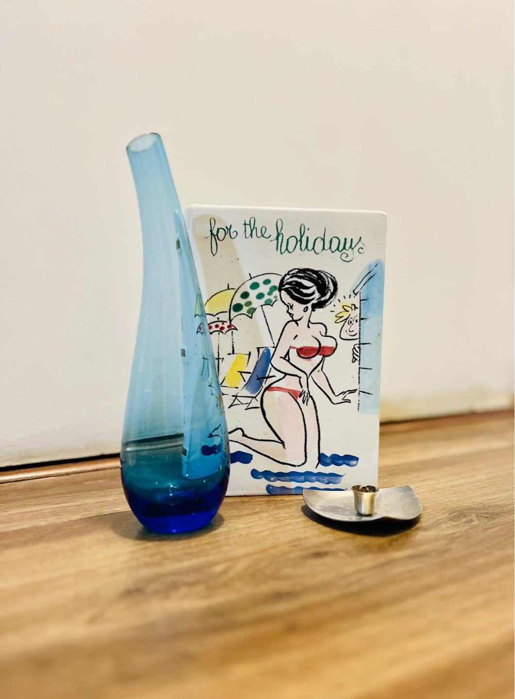 Vintage Blue Glass Vase, Candle Holder & Ceramic Piggy Bank