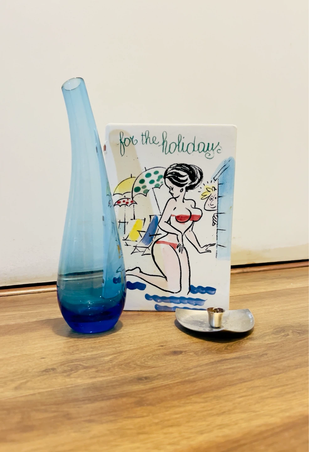 Vintage Blue Glass Vase, Candle Holder & Ceramic Piggy Bank - photo 2