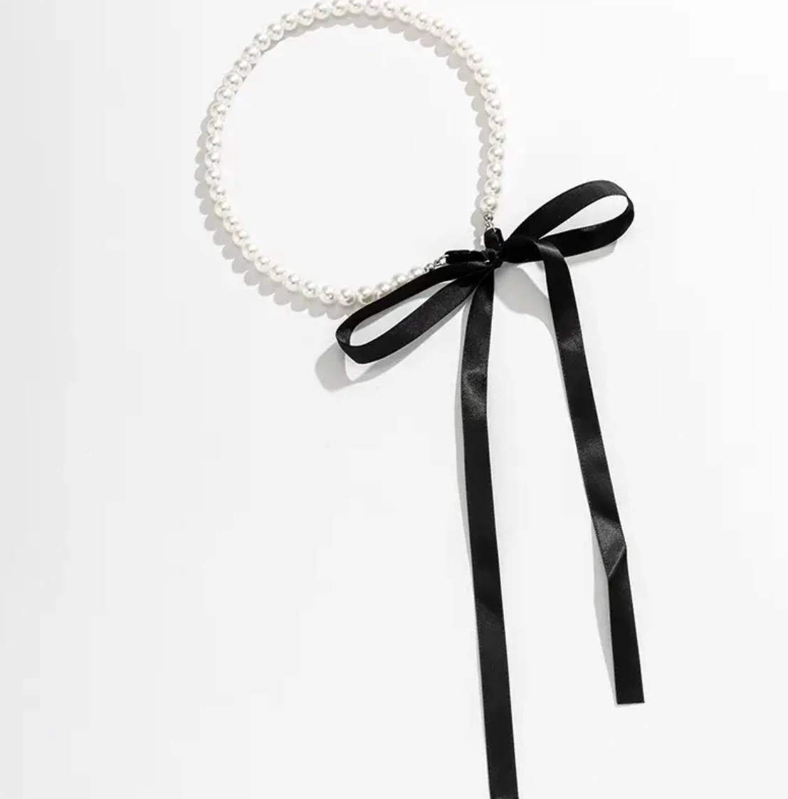 Pearl Choker Necklace with Black Ribbon Tie - photo 2