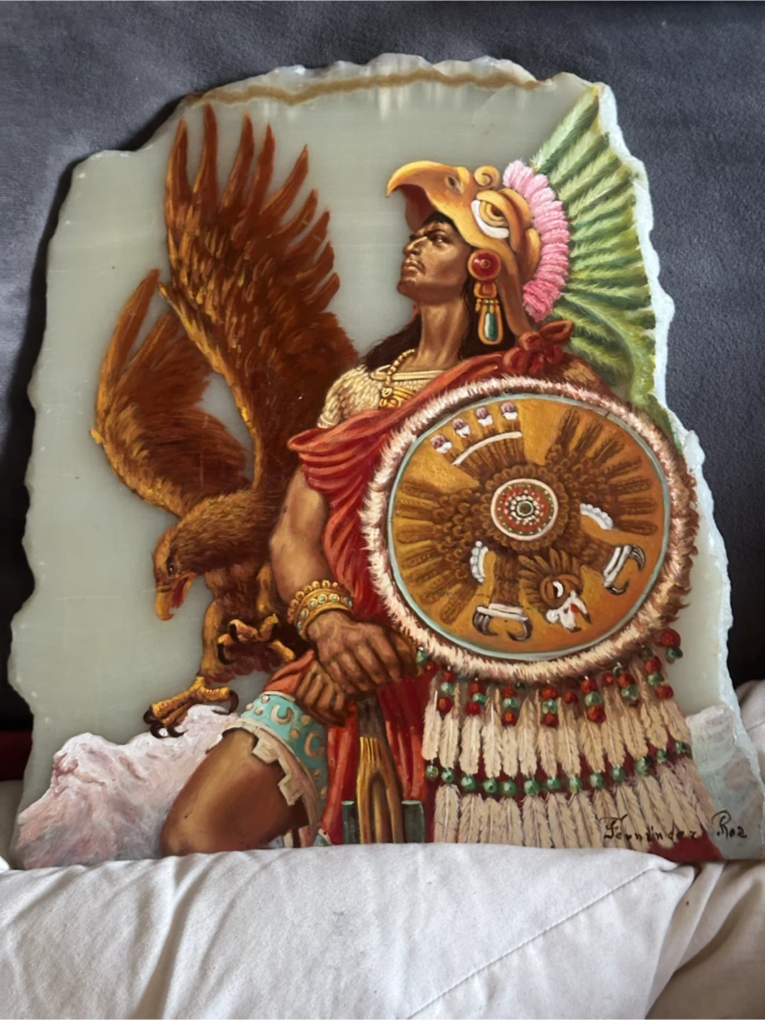 Mexican Onyx Painting Aztec Warrior Signed Fernandez Roa 11x13”
