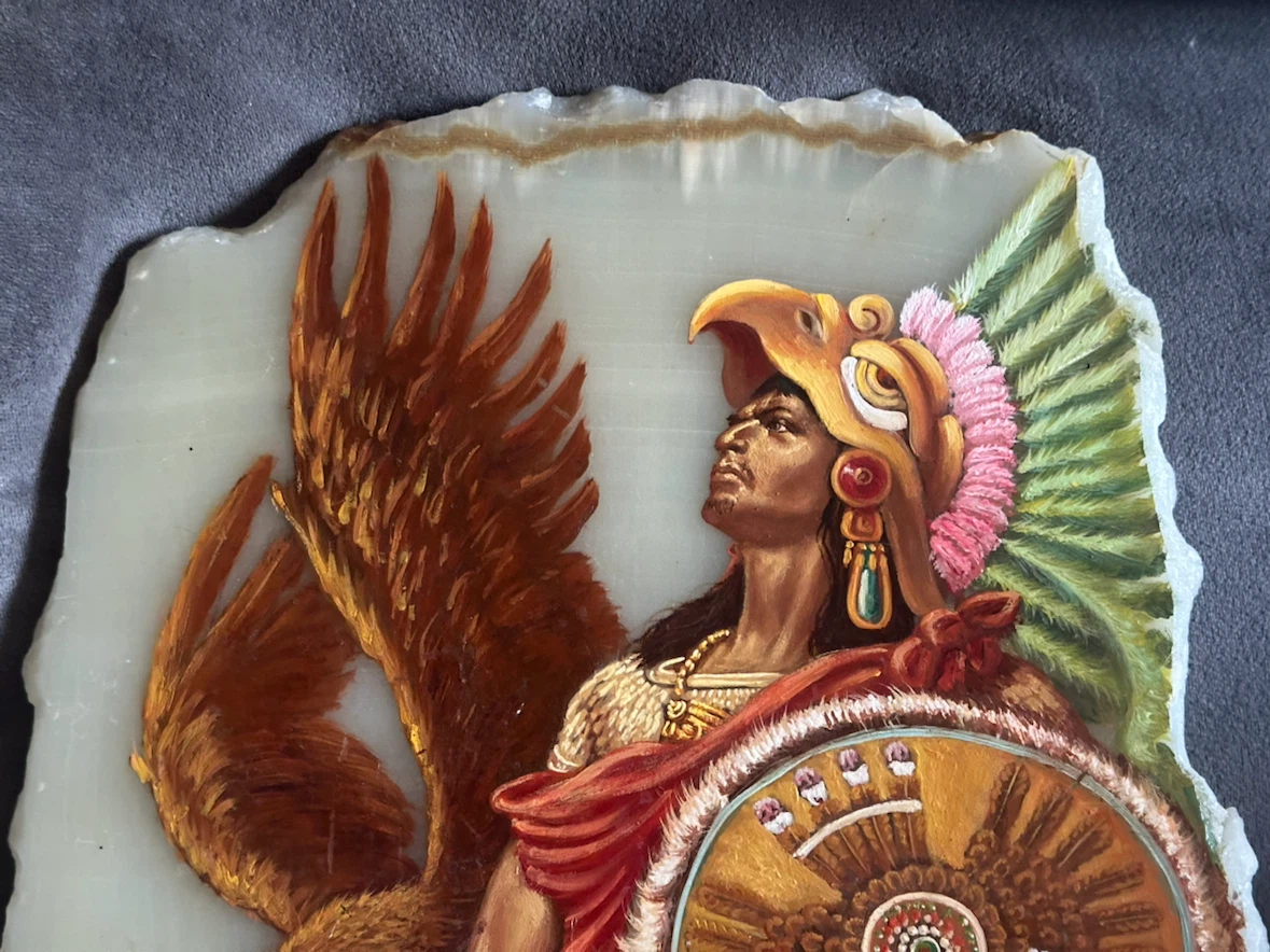 Mexican Onyx Painting Aztec Warrior Signed Fernandez Roa 11x13” - photo 2