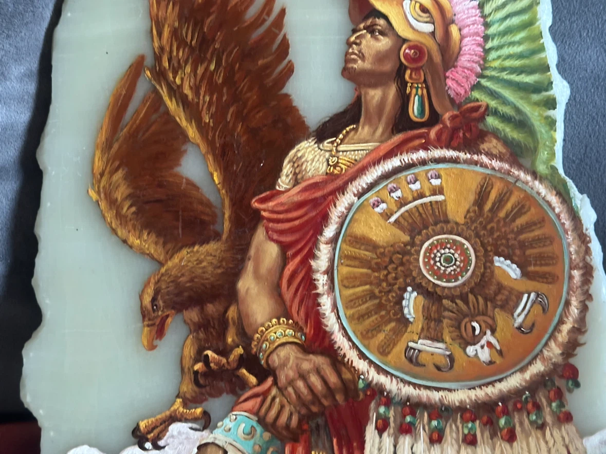 Mexican Onyx Painting Aztec Warrior Signed Fernandez Roa 11x13” - photo 3
