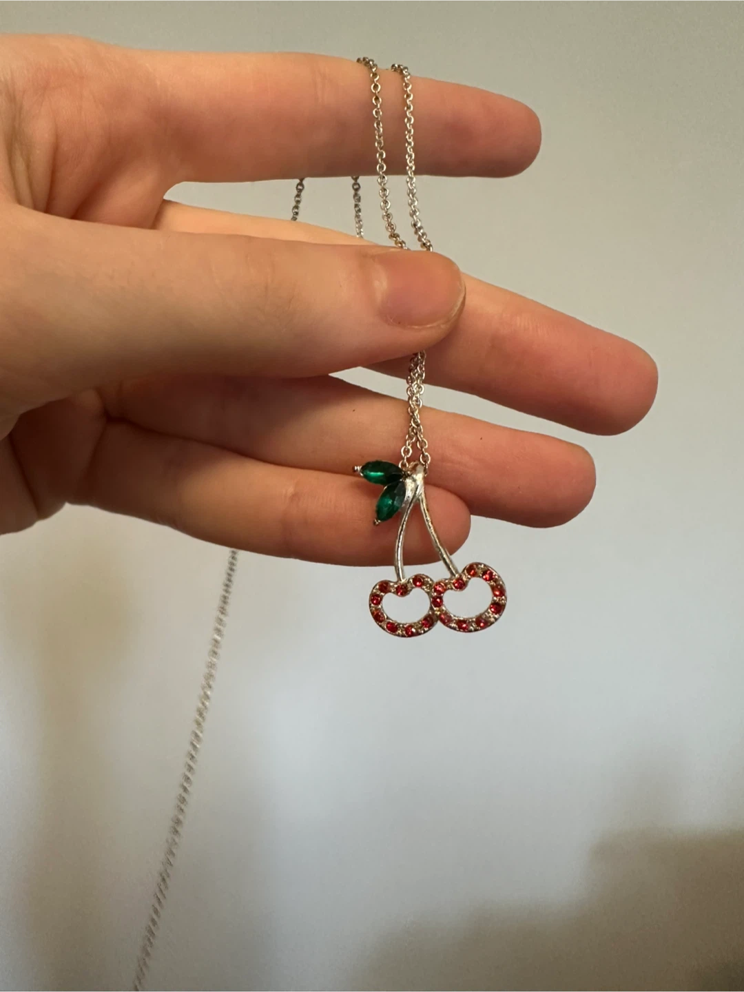 Silver Cherry Charm Necklace with Red Rhinestones