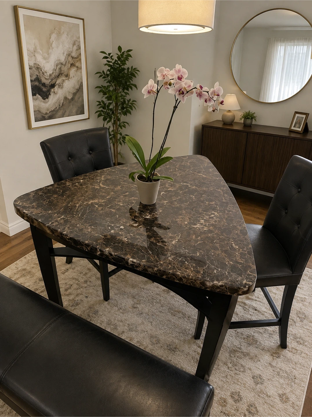 Marble Top Dining Table with 2 Chairs and Bench
