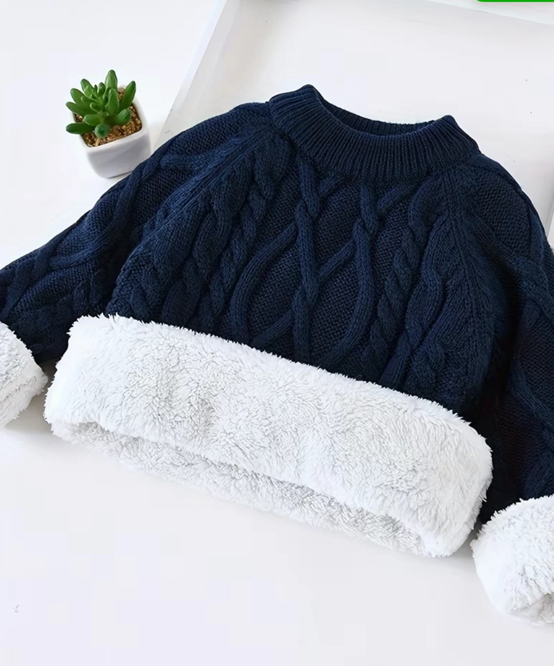 Navy Cable Knit Sweater with Sherpa Lining - photo 2