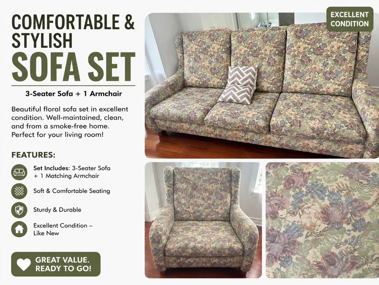 Floral Sofa Set - 3 Seater & Armchair
