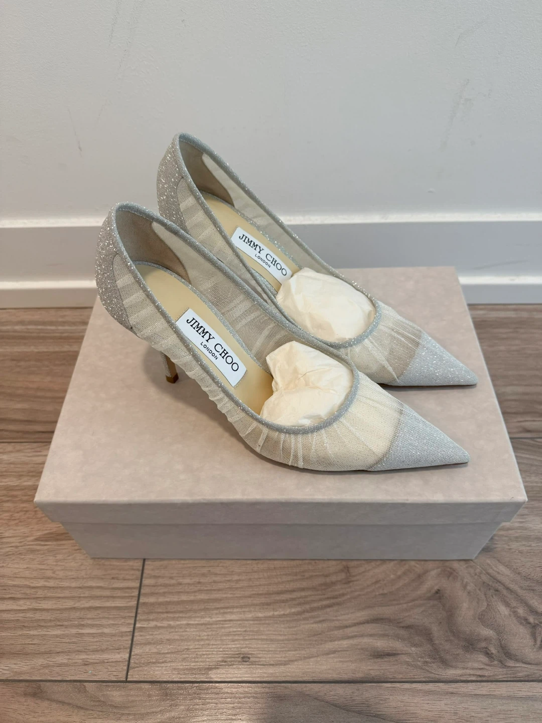Jimmy Choo Silver Glitter Mesh Heels Size 37