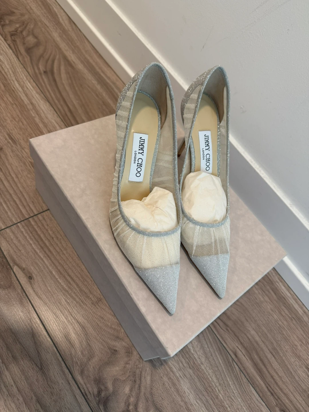 Jimmy Choo Silver Glitter Mesh Heels Size 37 - photo 2
