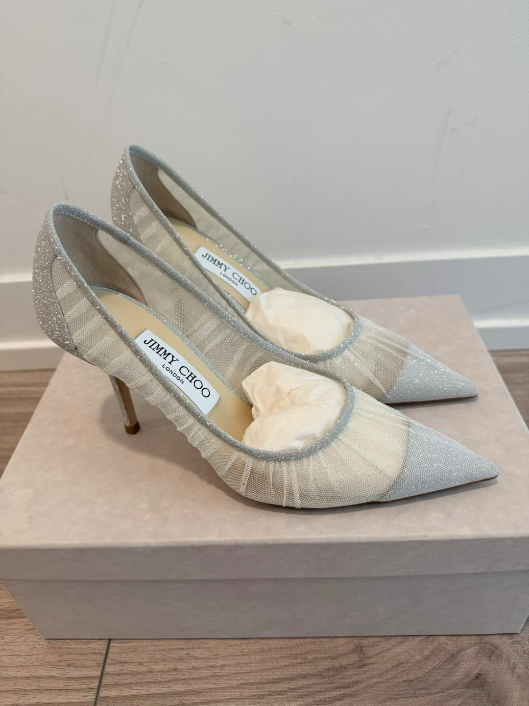 Jimmy Choo Silver Glitter Mesh Heels Size 37 - photo 3