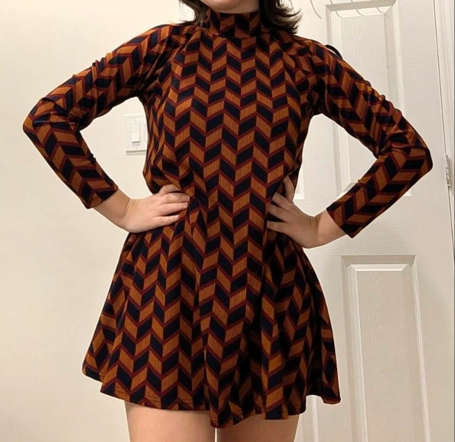 Geometric Print Mock Neck Long Sleeve Dress