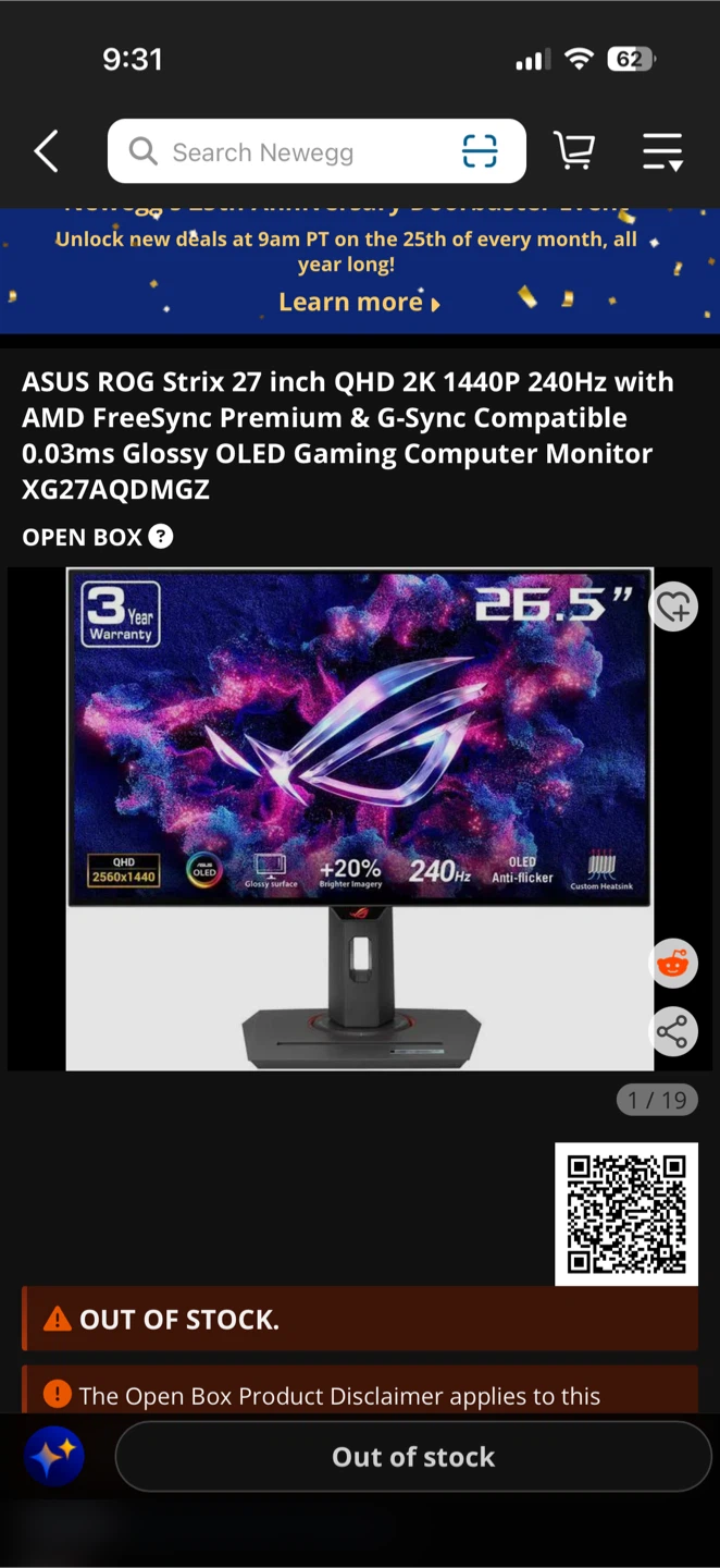 ASUS ROG Strix 27" QHD 240Hz OLED Gaming Monitor XG27AQDMGZ