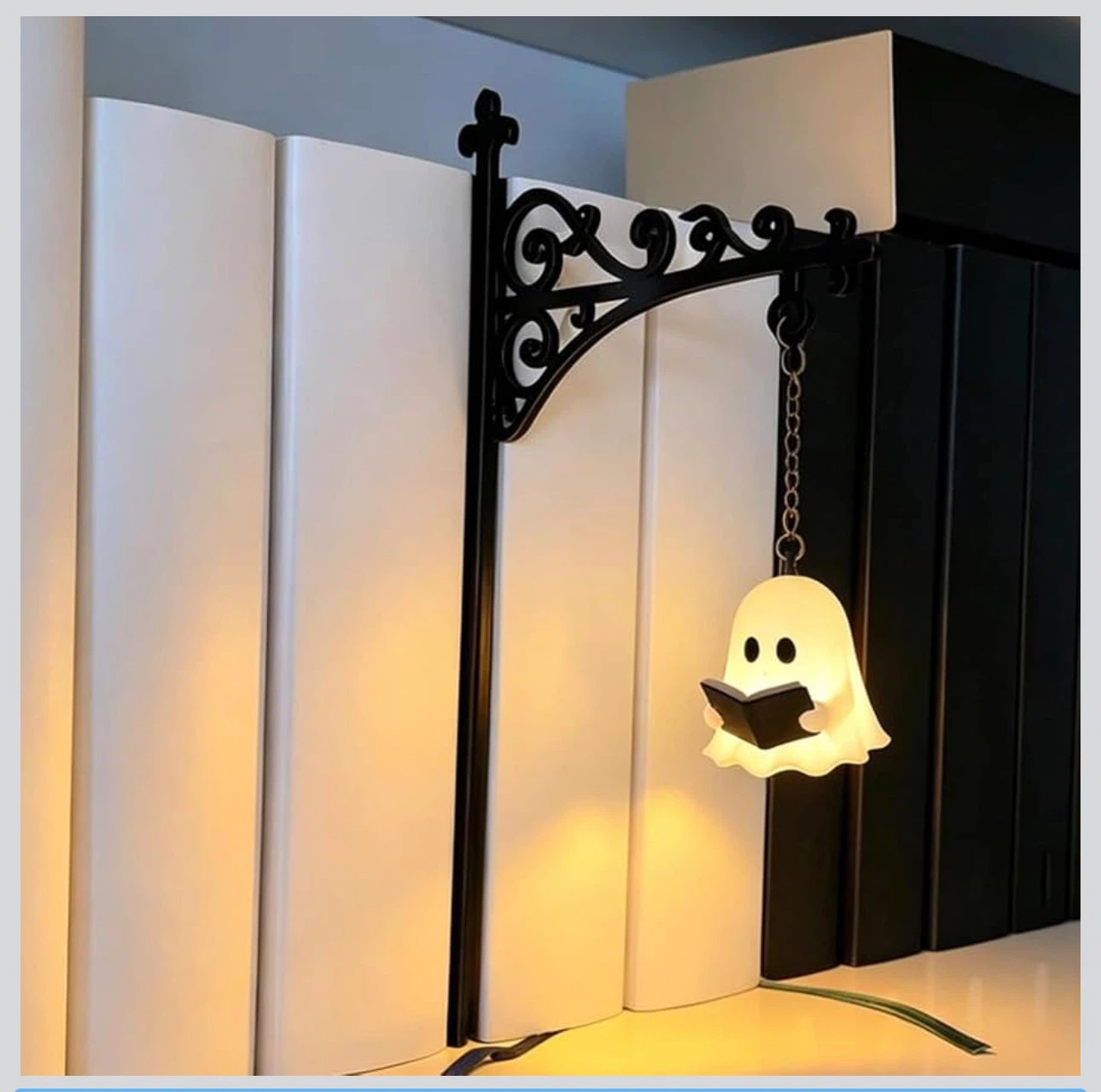 Bookshelf Lantern Light with Ghost Reading a Book