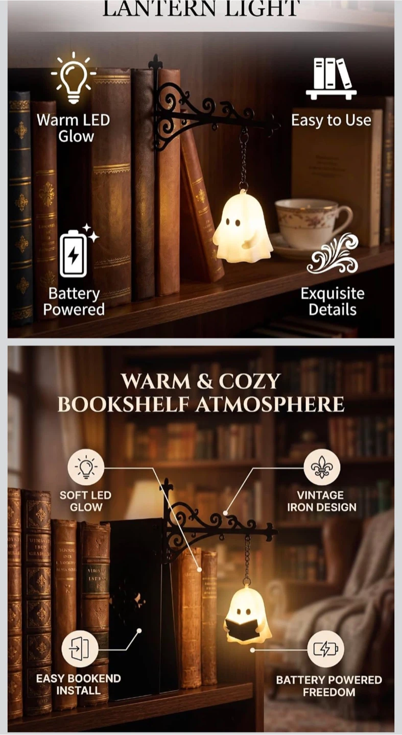 Bookshelf Lantern Light with Ghost Reading a Book - photo 2