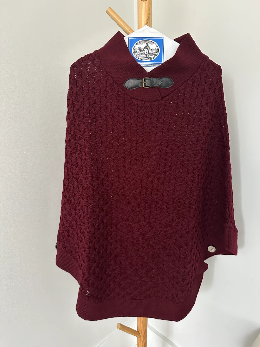 Maroon Knit Poncho with Buckle Detail
