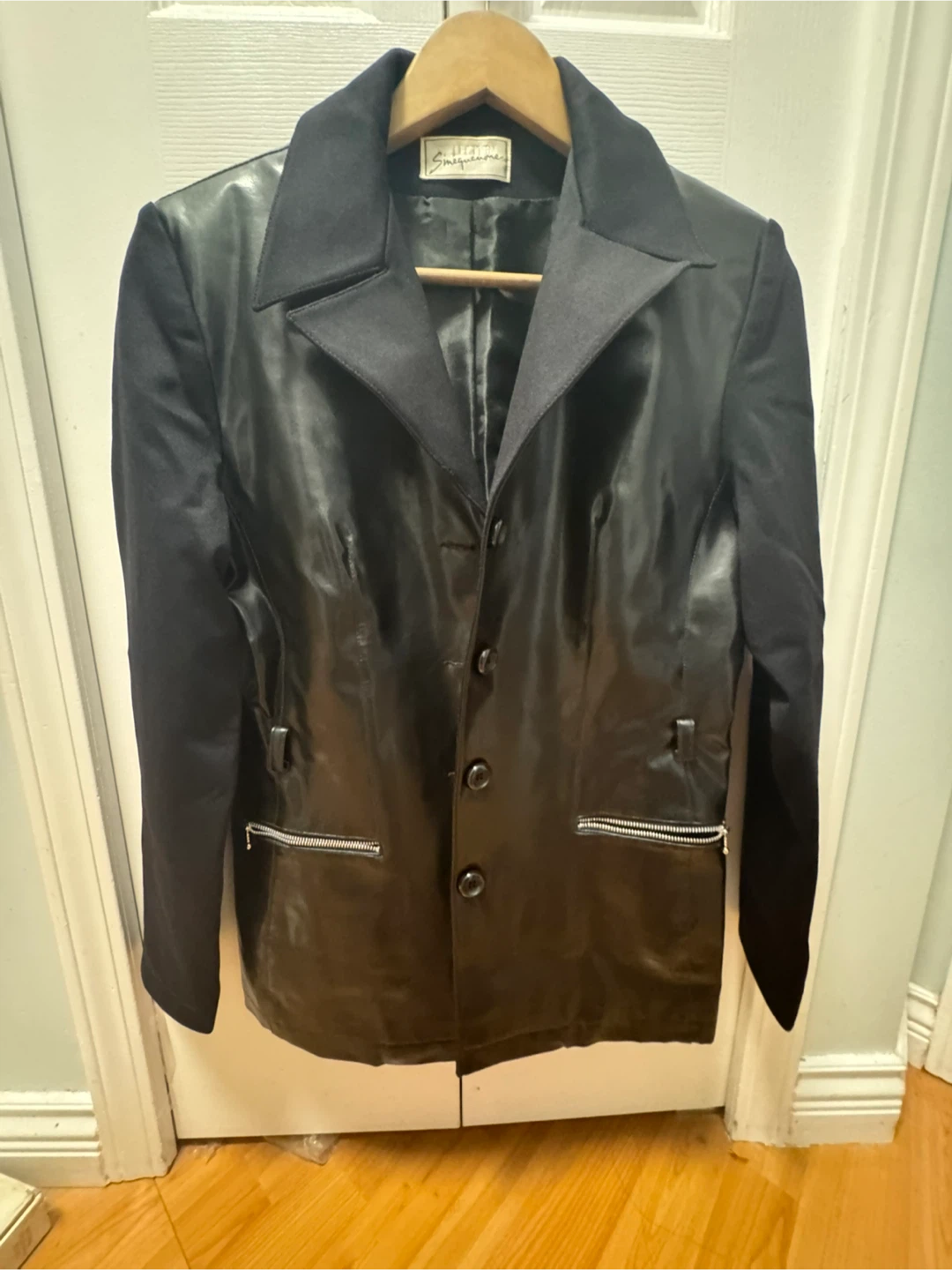 Black Faux Leather Blazer with Zipper Pockets