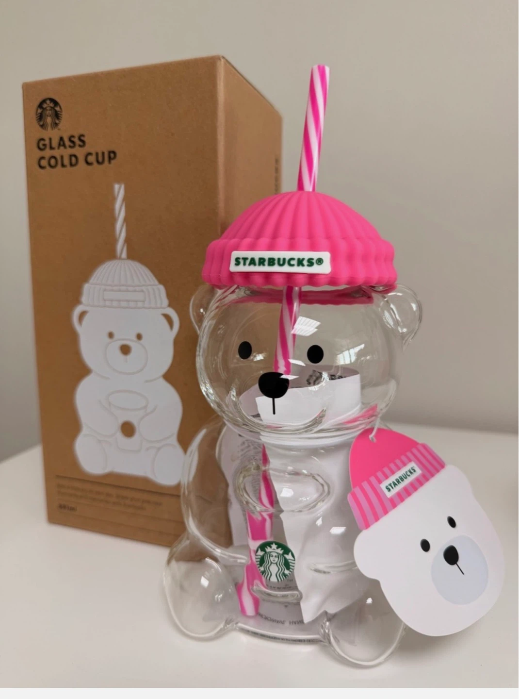 Starbucks Glass Bear Cold Cup with Pink Beanie Lid