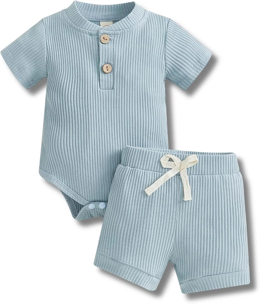 Baby Clothes Set - Blue Ribbed Onesie and Shorts - photo 3