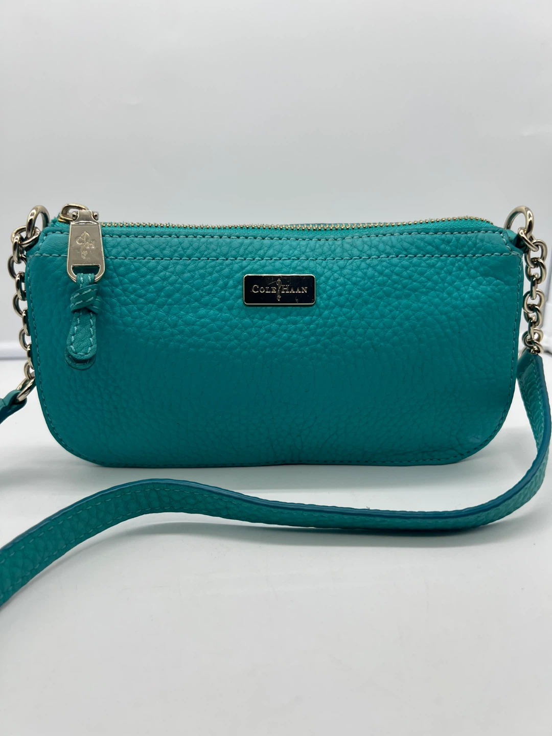 COLE HAAN Turquoise Blue Pebble Leather Small Chain CrossbodyBag